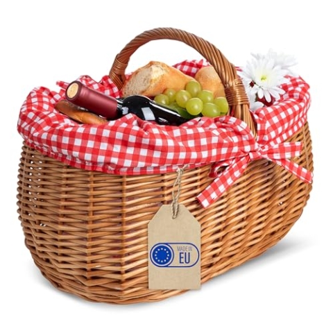Creative Home Großer Picknickkorb mit rot karierter Stoffeinlage | Weidenkorb mit Henkel | Einkaufskorb Autokorb 45 x 32 x 34 cm (+/- 2 cm) | Groß und leicht | Naturbraun | Handgeflochten Universell