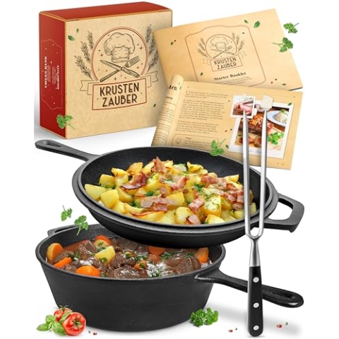 KRUSTENZAUBER Gusseisen Topf [inkl. Fleischgabel] - Robuster 26cm Gusseisen Bräter mit Deckel Backofengeeignet - Ideal als Schmortopf Induktion, Dutch Oven Set, Kazan, Cast Iron Pot, Kochtopf