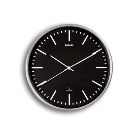 Maul | Wanduhr MAULfly | Aluminium gebürstet | Ø 305 mm | Funkuhrwerk | schwarz