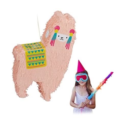 Relaxdays 4 x Lama Pinata, zum Aufhängen, Kinder, Jungen & Mädchen, Geburtstag, zum Befüllen, Pinata Alpaka, Lachsfarben