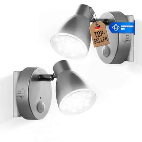 Trango 2635-024 LED Sensor Nachtlicht – 2er Pack – Silber – Drehbar & Schwenkbar – Automatikfunktion – Bewegungssensor – 230V Steckdosenlampe – Sicherheits- & Orientierungslicht