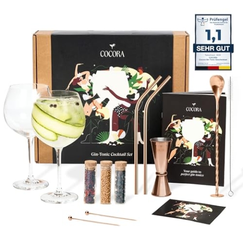 Cocora Gin-Tonic Geschenkset | 11-teiliges Cocktail Set | Gin Zubehör | Gin Tonic Cocktailgläser | Gewürze (Rose)