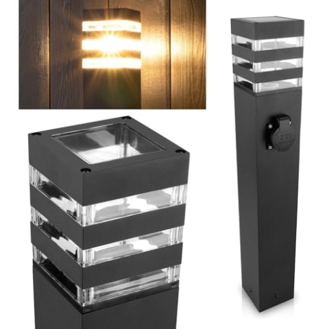 Lumiled Wegeleuchte Außen Pollerleuchte Außenstehleuchte Stehlampe Außenleuchte mit Steckdose Gartenleuchte Wegelampe Stromsäule 60cm IP44 schwarz spritzwasserdicht Aluminium E27 Fassung max 13W