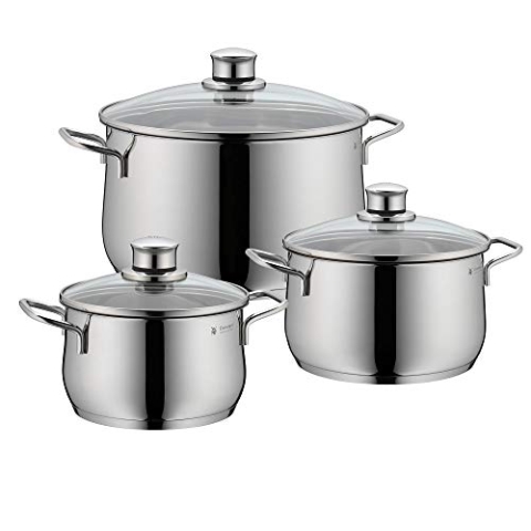 WMF Diadem Plus Topfset Induktion 3-teilig, Kochtopf Set mit Glasdeckel, Cromargan Edelstahl poliert, Induktions Töpfe Set unbeschichtet
