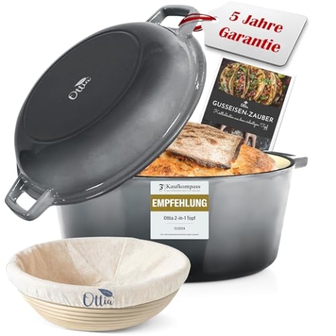 Ottia Gusseisen Topf brot backen [inkl. Gärköbchen] - Emaille Topf 26cm - Brotbackform mit Deckel, Idealer Brotbacktopf, Schmortopf, Bratentopf - auch für Induktion | Händler aus Hamburg