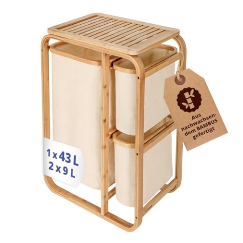 Lumaland Wäschekorb aus Bambus mit 3 ausziehbaren Wäschesäcken | Größe ca. 71 cm Höhe x 50 cm Breite x 33 cm Tiefe, Farbe: Beige