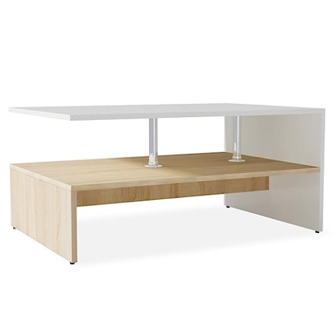 vidaXL Couchtisch Beistelltisch Wohnzimmertisch Kaffeetisch Sofatisch Teetisch Tisch Holzwerkstoff 90x59x42cm Eiche Weiß PVC-Kanten Edelstahlstützen