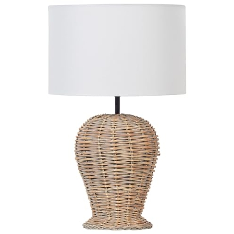 Tischlampe Rattan natürlich Vasenform mit Stoffschirm weiß Schalter Boho Furelos