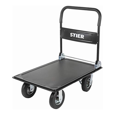 STIER Plattformwagen, Tragkraft 300kg, Transportwagen klappbar, Luftbereifung, Transporthilfe mit Lenkrollen, Rollwagen mit Antirutsch Beschichtung, Feststellbremse