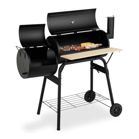 Relaxdays Smoker Grill, Deckel, 2 Ablagen, 2 Räder, Thermometer, Holzkohle, Stahl & Holz, Grillwagen, schwarz/Natur, 1 Stück