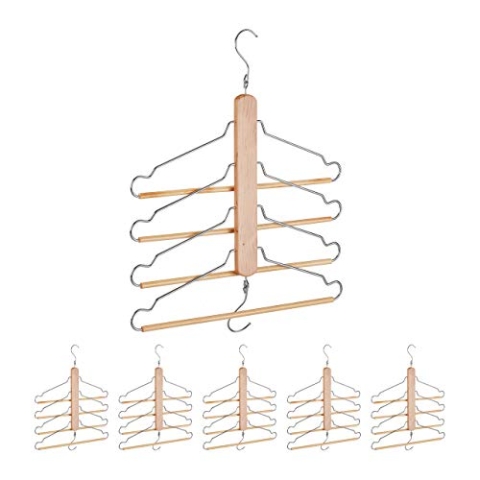 Relaxdays 6 x Mehrfachkleiderbügel, Halter mit 4 beweglichen Bügeln, Schrank-Organizer, mit Metallhaken, Lotusholz, Natur