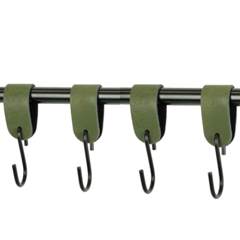 Handles and More - 4 x S Haken für Kleiderstangen - Hellblau - Größe L - für max. Durchmesser 49mm - Kleiderhaken mit Lederschlaufe - Garderobenhaken aus echtem Leder - Fleischerhaken für Garderobe