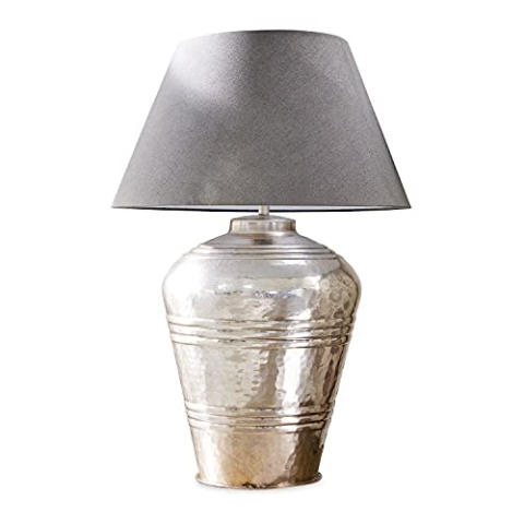 LOBERON Tischlampe Sybell, handgehämmerter Fuß, Tischleuchte im klassischen Stil, Material-Mix, Wohn-Accessoire, Baumwolle, Messing, grau/antiksilber