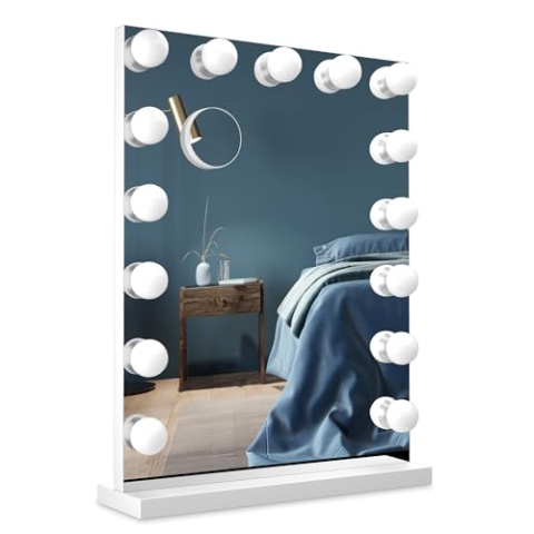 Bayt Hollywood Spiegel mit LED Beleuchtung – Schminkspiegel Weiß 60x43 cm mit 15 dimmbaren Lampen, 3 Lichtmodi (warm, kalt, neutral), Touchscreen & 10x Vergrößerungsspiegel