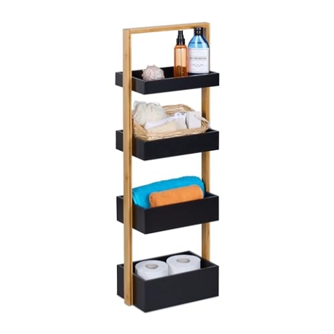 Relaxdays Badregal, 4 Ablagen, HxBxT: 88 x 30 x 18 cm, Standregal für Badezimmer & Küche, Bambus, MDF, Natur/schwarz