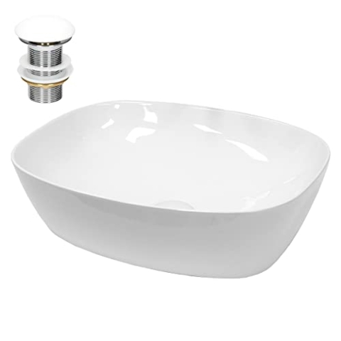 ECD Germany Waschbecken Waschtisch 505x385x135mm aus Keramik Weiß inkl. Ablaufgarnitur für Waschbecken ohne Überlauf Aufsatzbecken Aufsatzwaschbecken Aufsatzwaschtisch Waschschale Spülbecken Becken