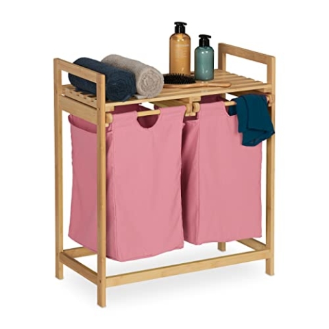 Relaxdays Wäschekorb Regal, Bambus, ausziehbar, HBT: 73 x 64 x 33 cm, Wäschesammler, 2 Fächer, Wäscheablage, Natur/rosa