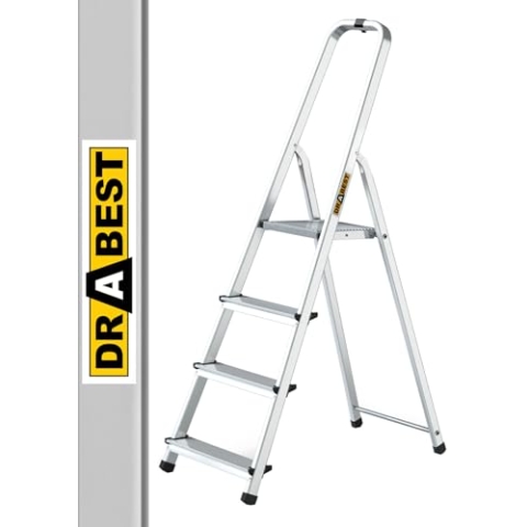 DRABEST Home Aluminiumleiter 4 Stufen 125 kg - Sicheres Arbeiten zu Hause und bei Renovierungen - Tragkraft 125 kg - Stabile Konstruktion - rutschfeste Füße - Steigleiter 60 cm - 0,43 x 1,45 x 0,75 m