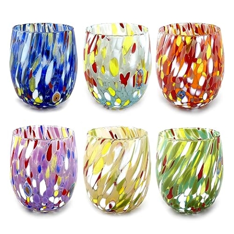 MAZZEGA ART & DESIGN 6 Wassergläser aus mundgeblasenem Glas mit raffiniertem und originellem Murano-Murrin – I colori di Murano – Modell „Colombina 290 ml“. (Farben mischen, 6)