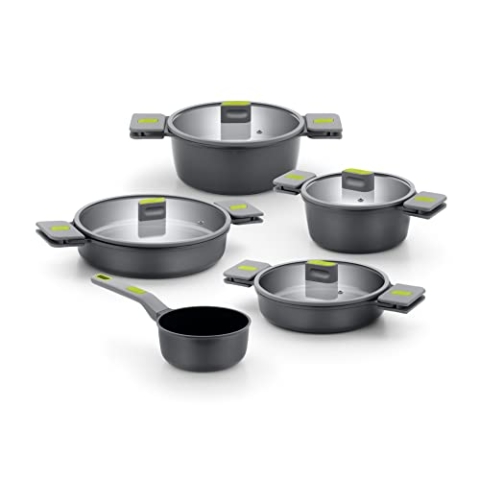 BRA Life | 9-teiliges Kochgeschirr-Set, Aluminiumguss, mit Antihaftbeschichtung, Grau und Grün, Variety Pack