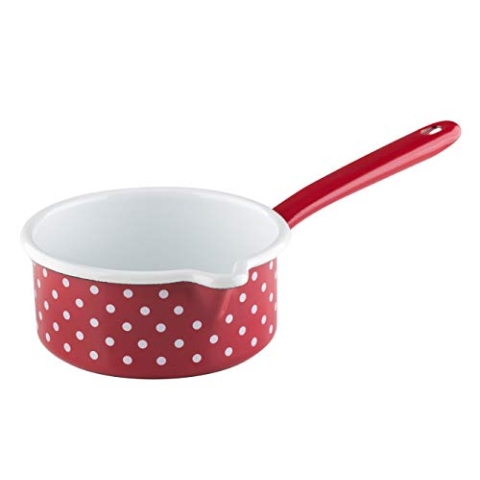 Riess, 0036-077, Stielkasserolle mit großem Ausguss 14 0,75 L, COUNTRY - PÜNKTCHEN ROT, Durchmesser 14 cm, Höhe 6,7 cm, Inhalt 0,75 Liter, Emaille, rot, Induktion
