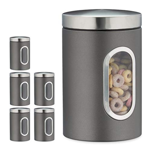 Relaxdays 6 x Vorratsdose, 1,4 L, mit Deckel und Sichtfenster, für Kaffee, Mehl, Pasta, Aufbewahrungsdose Küche, Metall, grau