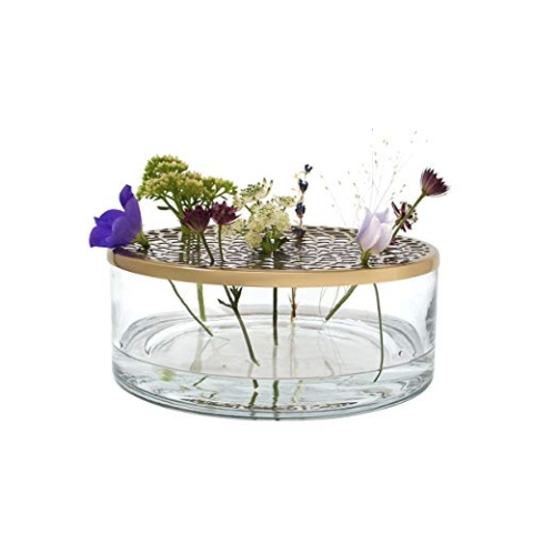 LaLe Living Vase Buket aus Eisen und Glas mit Ornament Gold, Ø 20,5 x 7 cm
