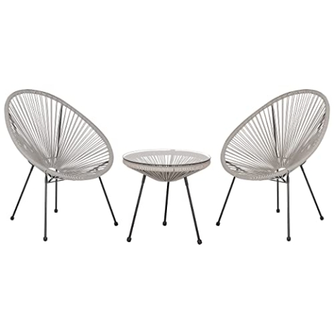 Trendy Balkonset 2 Stühle mit Tisch Spaghetti-Optik Rattan hellgrau Acapulco II