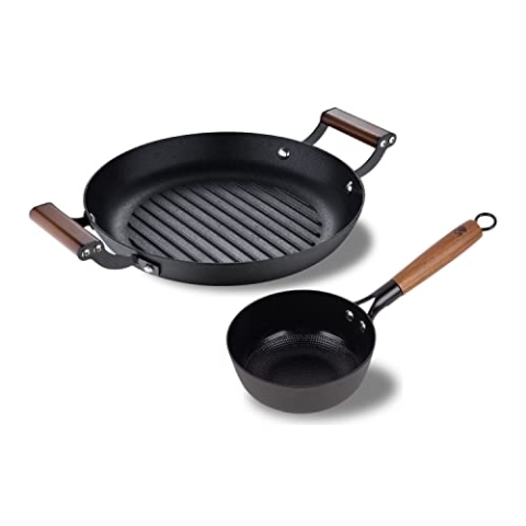 MasterPRO Odín - 2-teiliges Kochgeschirr, Topf 16 cm und Grillpfanne 24 cm, Aus Gepresstem Eisen, Keramische Antihaft-Beschichtung, Ergonomische Griffe aus Akazienholz, Für Alle Herdarten, PFOA Frei