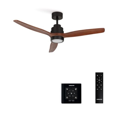CREATE / WINDSTYLANCE/Deckenventilator mit Beleuchtung Schwarz Dunkelholzflügel mit Wandschalter und Fernbedienung / 40W, Ø132 cm, 6 Geschwindigkeiten, Timer, Sommer-Winterbetrieb, doppelte Höhe