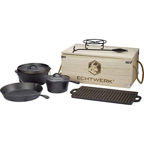 ECHTWERK 7-teiliges Dutch Oven Set aus Gusseisen in Holzkiste, Kochtopf-Set mit Kochtopf, Stieltopf, Grillplatte, Pfanne, Deckelheber und Untersetzer zum Kochen und Braten, bereits eingebrannt