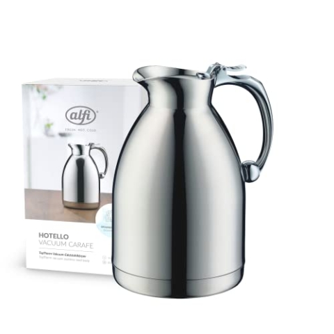 alfi HOTELLO 1,0l, Isolierkanne aus doppelwandigem Edelstahl, hält 4 Stunden warm, 6 Stunden kalt, locker aufliegender Deckel, mit einer Hand ausgießen, plastikfrei, spülmaschinenfest, für Gastronomie