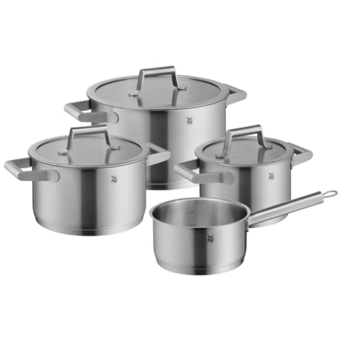 WMF Comfort Line Topfset Induktion 4-teilig, Induktions Töpfe Set, Kochtopf Set mit Glasdeckel, Cromargan Edelstahl mattiert, Skalierung, Töpfe Set stapelbar, unbeschichtet