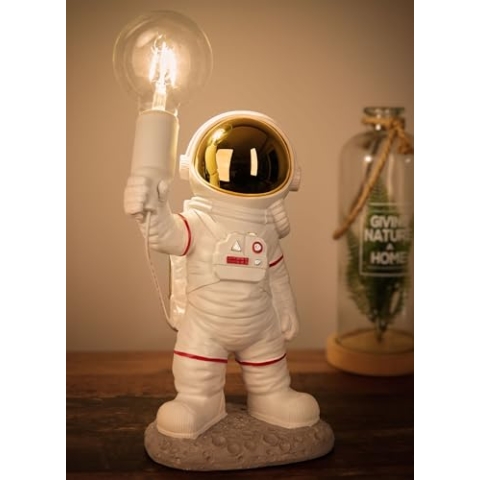 BRUBAKER Astronauten Tischlampe - 40 cm Weltraum Nachttischlampe mit E27 Fassung und USB-C Stecker - Handbemalte Raumfahrt Dekofigur Statue - Weiß und Gold