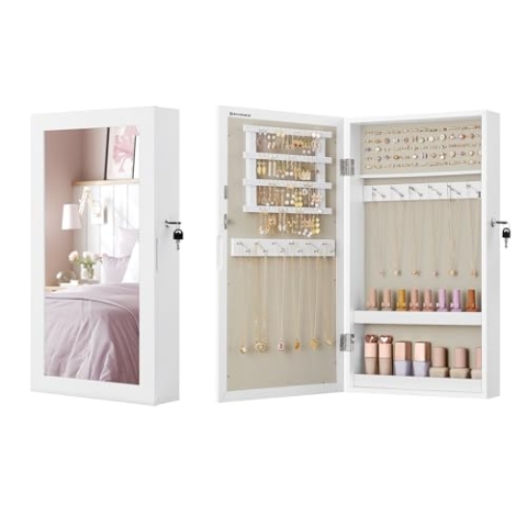 SONGMICS Schmuckschrank, Spiegelschrank, Hängeschrank, abschließbarer Wandschrank, platzsparender Schmuckorganizer, Oberfläche in Weiß, Innenfutter in Greige JJC051W02