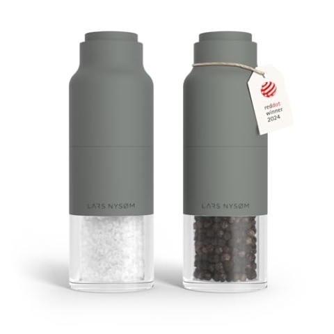 LARS NYSØM Salz und Pfeffermühlenset Edelstahl mit verstellbarem Mahlwerk I Flaschendesign Gewürzmühlen Set Manual (Ash Gray)