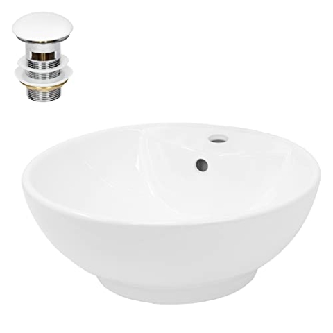 ECD Germany Design Waschbecken Waschtisch Ø 455 x 185 mm inkl. Ablaufgarnitur für Waschbecken mit Überlauf - Keramik Rund Weiß Aufsatzbecken Aufsatzwaschbecken Waschschale Aufsatzwaschtisch Spülbecken