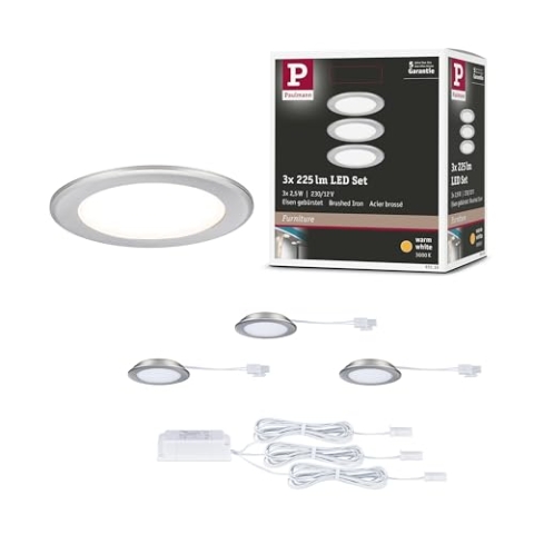 Paulmann 93116 LED Möbeleinbauleuchten 3er-Set 65mm 3x2,5W 3x180lm 230/12V 3000K Eisen gebürstet