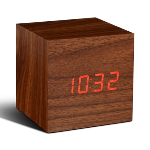 Gingko GK08R8 Würfel-Digitaluhr 'Click Clock' Walnuss mit roter LED-Anzeige