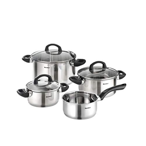 Karcher Topfset Mia aus Edelstahl, Kochgeschirr Induktion-Kochtopf-Set, Töpfe mit Glasdeckel und Stielkasserolle, 4-teilig