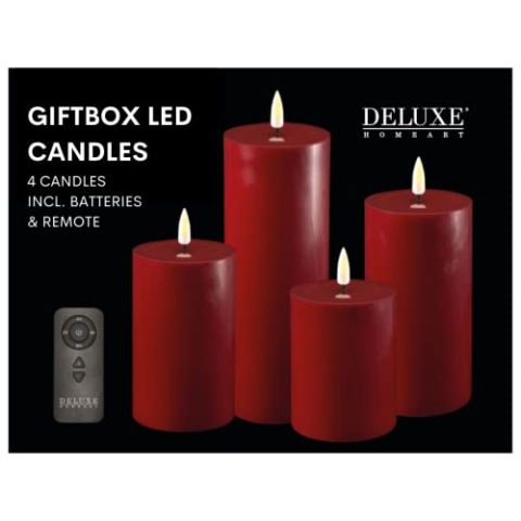 Deluxe Homeart Flammenlose LED-Geschenkbox für den Innenbereich, 4er-Set mit Fernbedienung und Batterien, Real Flame™️ Technologie, batteriebetriebene Kerzen (Bordeauxrot)