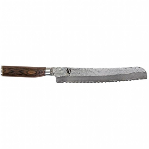KAI Shun Premier Tim Mälzer japanisches Brotmesser 23 cm Klingenlänge - VG-MAX Kern 61 HRC, 32 Lagen Damast hochglanzpoliert - Pakkaholz mittelbraun gemasert - Hammerschlagoberfläche - Made in Japan