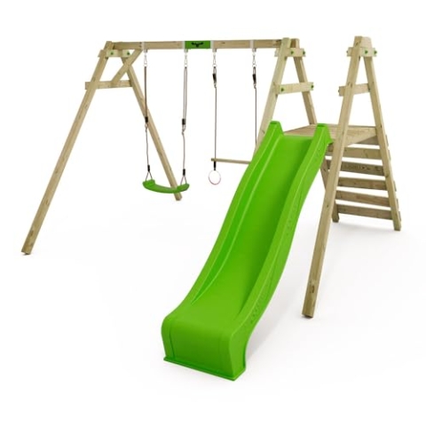 FATMOOSE Kinderschaukel Schaukelgestell JollyJack - Doppelschaukel mit apfelgrüner Rutsche und Kletteranbau, Schaukelgerüst, Holzschaukel für Kinder im Garten