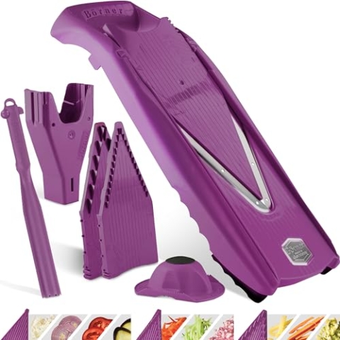 Börner Gemüsehobel V5 (Plus Set) • Verstellbarer V-Hobel mit extra viel Zubehör + Schäler • Gemüseschneider mit Edelstahl V-Klinge • Für Scheiben, Streifen, Würfel • Farbe: Violett