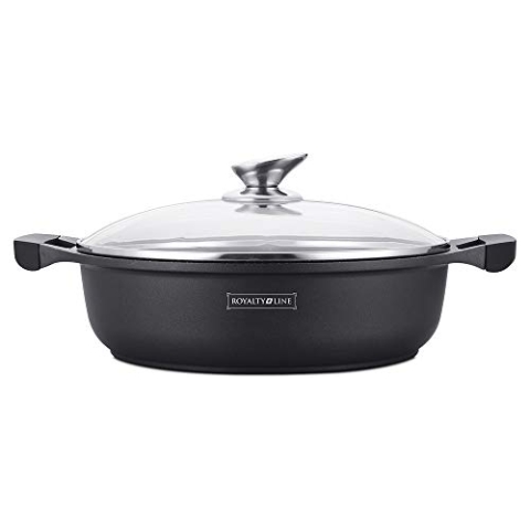 Royalty Line - RL-BR30M - Kochtopf Niedrig mit Glasdeckel, Antihaftbeschichteter, Induktionsgeeignet, Schwarz, 4.5 Liter, 30 cm