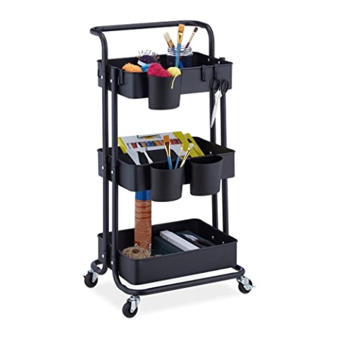 Relaxdays Rollwagen, 3 Etagen, 2 Bremsen, Allzweckwagen für Küche und Büro, Rollregal HBT 86x38x39 cm, Metall, schwarz