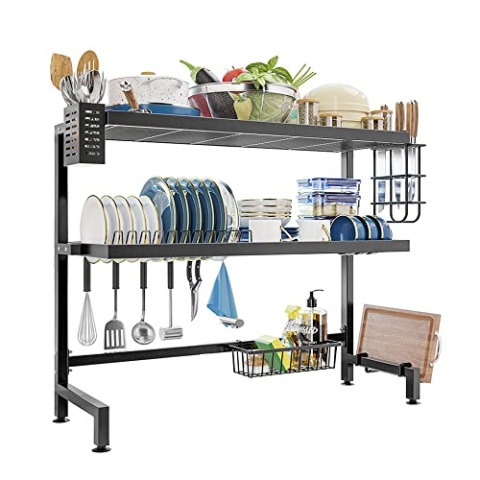 NETEL Geschirr Abtropfgestell Über Spüle,3 Ebenen Abtropfständer,Rostfreie Abtropfgitter Abtropfschale Küchen Organizer mit Utensilienhalter,Schneidebretthalter,Messerblock,Schwarz,Länge 85cm