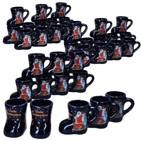 MamboCat 36er Set Glühweinstiefel dunkelblau mit Henkel I 200ml geeicht I Glühweinbecher mit Weihnachtsdekor & Schriftzug für 36 Personen I Keramik-Tasse für Tee, Eierlikör, Feuerzangenbowle