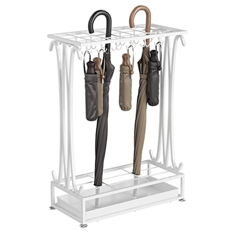 AcornFort U-23 Extra Large Weiß Metall 21 Löcher Rechteckiger Schirmständer Gehstockhalter mit 24 Haken und einem freien Boden Regenwasser-Leckschale 70 * 50 * 24 cm