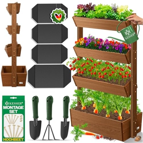 KESSER® Hochbeet mit 4 Etagen Premium Blumenkasten Blumentreppe Pflanztreppe Gemüsebeet Kräuterbeet Pflanzkübel Frühbeet Blumenbeet Pflanzkasten mit Gartenvlies - Beet inkl. Schaufelset, Braun